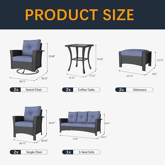 9 Pieces Outdoor Patio Furniture Set, Wicker Patio Sectional Set Conversation Wicker Swivel Chairs with Small Side Table