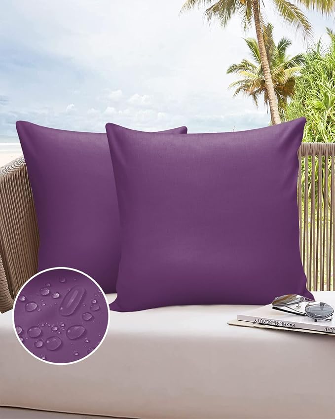 Outdoor Waterproof Throw Pillow Covers Set of 2 Purple Pillowcases 24x24 Inches Solid Purple Color Patio Decorative Pillows Cushion Case Patio Pillows for Couch Bed Chair Garden