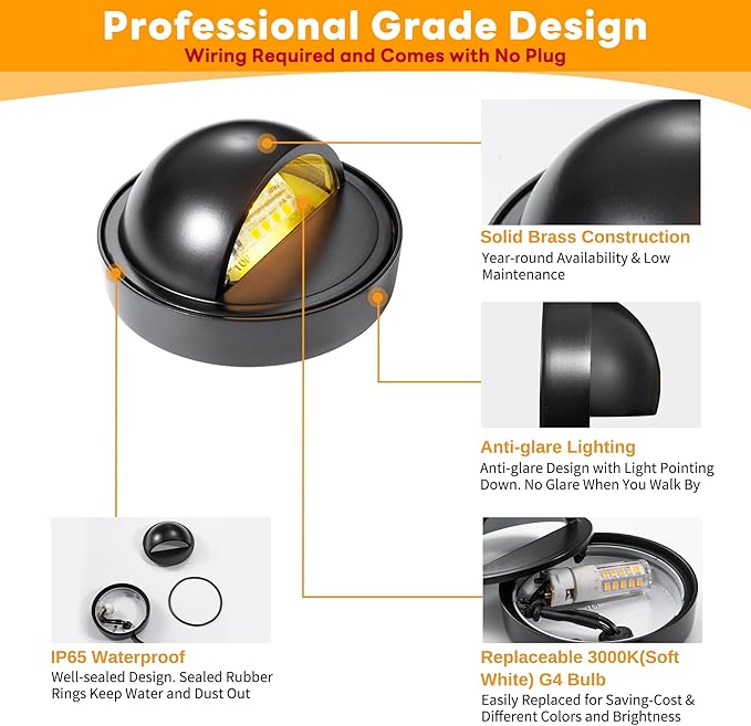 Gardenreet Landscape LED Step Lights - Solid Brass Low Voltage Deck Lights, Outdoor 12V Hardwired IP65 Waterproof Black for Wall Garden Stair with 3000K Soft White 3W 270LM G4 Bulb 12 Pack