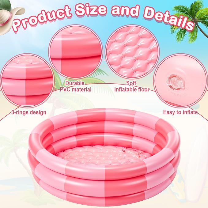 VioraWhite 4 Pack Inflatable Kiddie Pool for Toddlers 34"x10" Pink Stripe Blow up Kids Swimming Pool Small 3 Rings Round Baby Pools for Indoor Outdoor Water Game Play Center