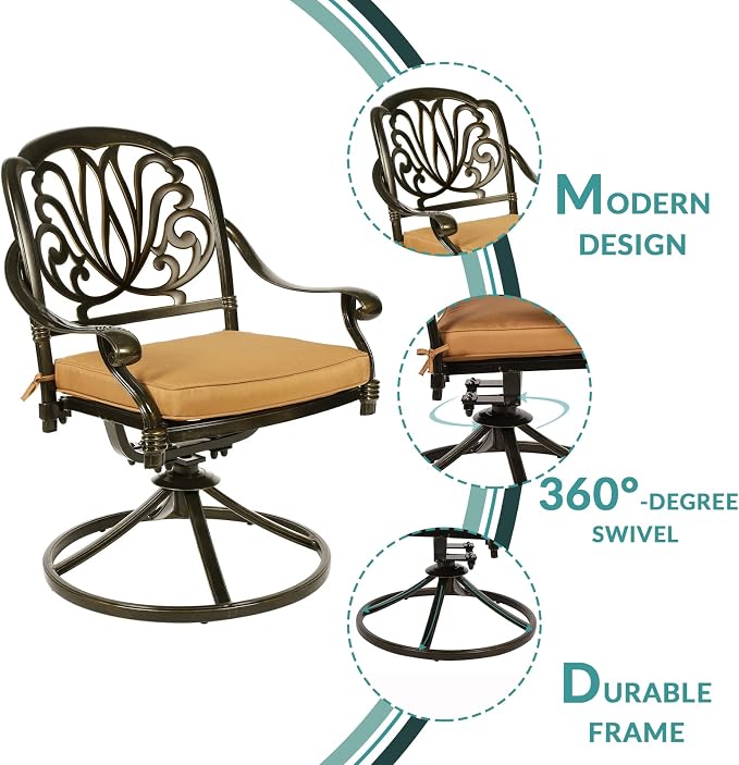 MEETWARM 9-Piece Outdoor Patio Dining Set, All-Weather Cast Aluminum Patio Conversation Set with 2 Swivel Rocker Chairs, 6 Stationary, 1 Oval Table, 8 Cushions, 2" Umbrella Hole