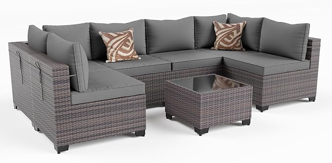 Kullavik 7 Pieces Outdoor Patio Furniture Set,Wicker Outdoor Sectional Sofa,All-Weather Patio Conversation Sets with Washable Thick Cushions & Coffee Table for Garden,Backyard,Balcony,Porch,Grey