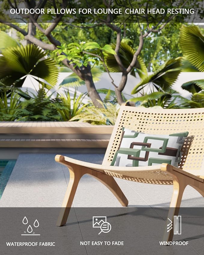 Outdoor Pillows Covers with Inserts Mid Century Geometric Pattern Gery Brown Green Waterproof Pillow with Adjustable Strap Throw Pillows for Patio Furniture Recliner Lounge Chair, 11x16 inch, 1PCS