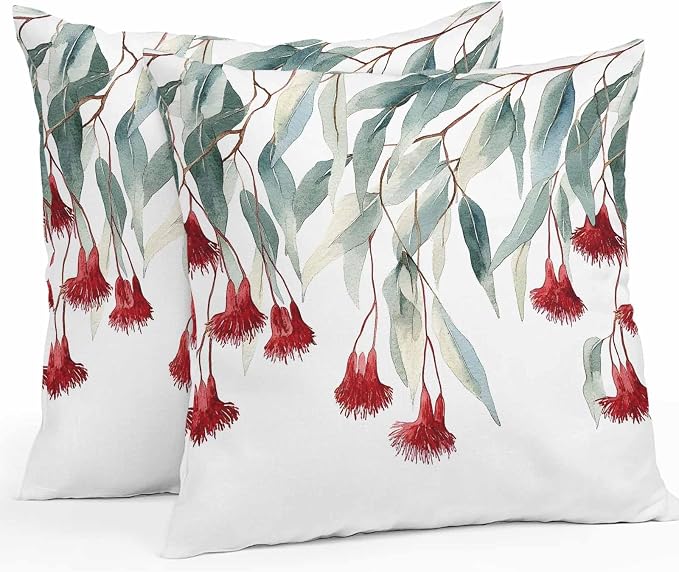 Red Floral Leaves Waterproof Outdoor Pillow Covers Set of 2 Home Decor, Pastoral Rustic Botanical Flowers Pillowcase Patio Pillow Covers for Couch Bench Furniture Garden 18x18in