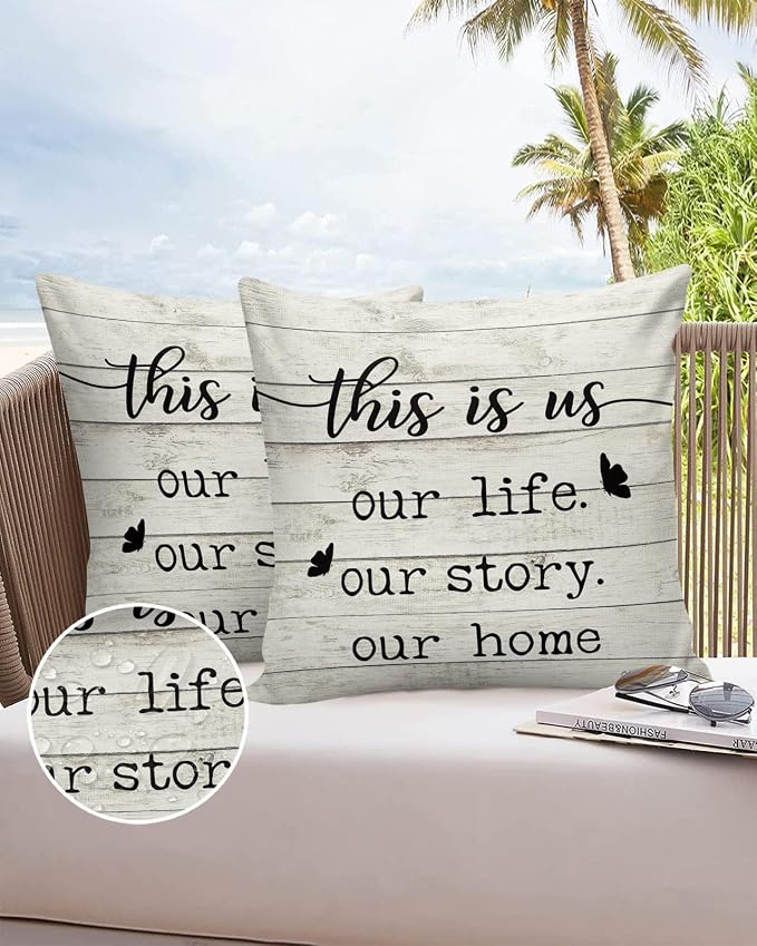 Outdoor Waterproof Pillow Covers for Patio Furniture Farmhouse Style Decorative Throw Pillow Cover Funny Quote Wood Grain Pillowcases Set of 2 Cushion Case for Sofa Couch Chair Home Decor 24x24 inch