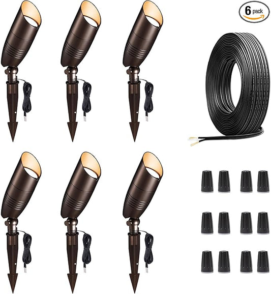 Landscape Light Kit, 6 Pack 3CCT Selectable Spot Light and 100FT Cable and 30 Wire Connectors, Aluminum ORB Waterproof LED Uplight, Perfect for Garden Flag Wall, Without Transformer
