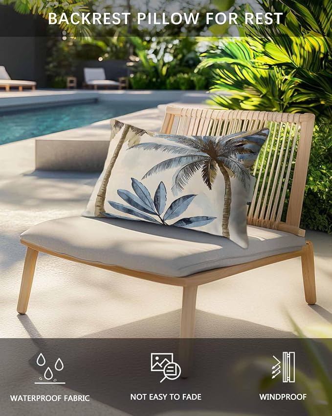 Palm Trees Outdoor Chaise Lounge Chair Head Pillow,1 Pack Headrest Lumbar Throw Pillows Cover Case with Insert and Elastic Band for Pool Beach,Blue Brown Vintage Watercolor Tropical 11"x16"