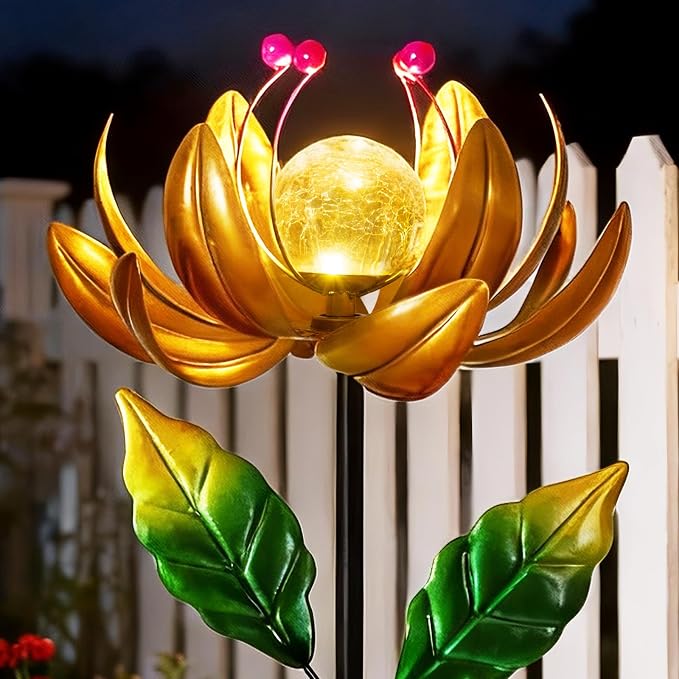 Solar Lights Wind Spinners for Yard and Garden - Metal Lotus Flower Windmills LED Crackle Glass Globe Outdoor Garden Decor Yard Art Lawn Ornament