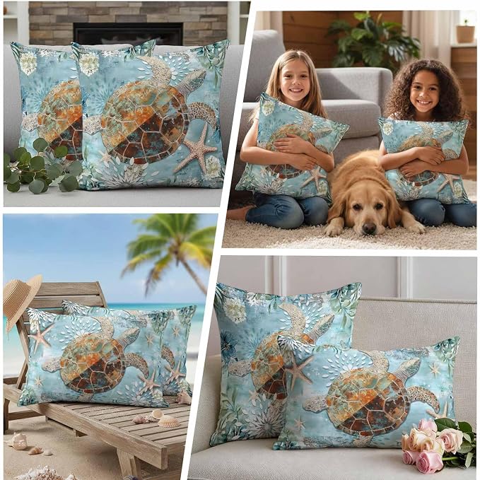 Ocean Turtle Outdoor Waterproof Throw Pillow Covers Set of 2, 20"x12", Retro Blue Nautical Starfish Sealife Decorative Pillow Covers Outside Cushion Case for Patio Porch Garden