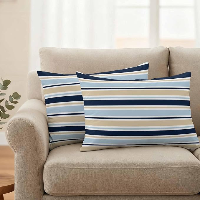 Navy Blue Khaki Striped Outdoor Pillow Cover 12x20 Inch Cushion Sham Case, Farmhouse Stripes Modern Abstract Art Waterproof Decorative Square Throw Pillowcase for Outside Garden Patio Porch Couch