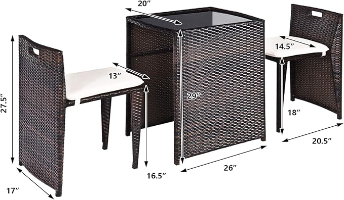 HAPPYGRILL 3 Pieces Wicker Patio Bistro Set, Outdoor Rattan Dining Set, Patio Furniture Set with Cushions for Yard Deck Garden Poolside