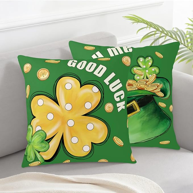 Set of 2 Saint Patricks Day Pillow Covers Lucky Hat with Gold Coin Shamrock Decorative Pillowcases 22x22 Green Polka Dots Lucky Clover Cushion Cases for March Holiday St Patrick Decor