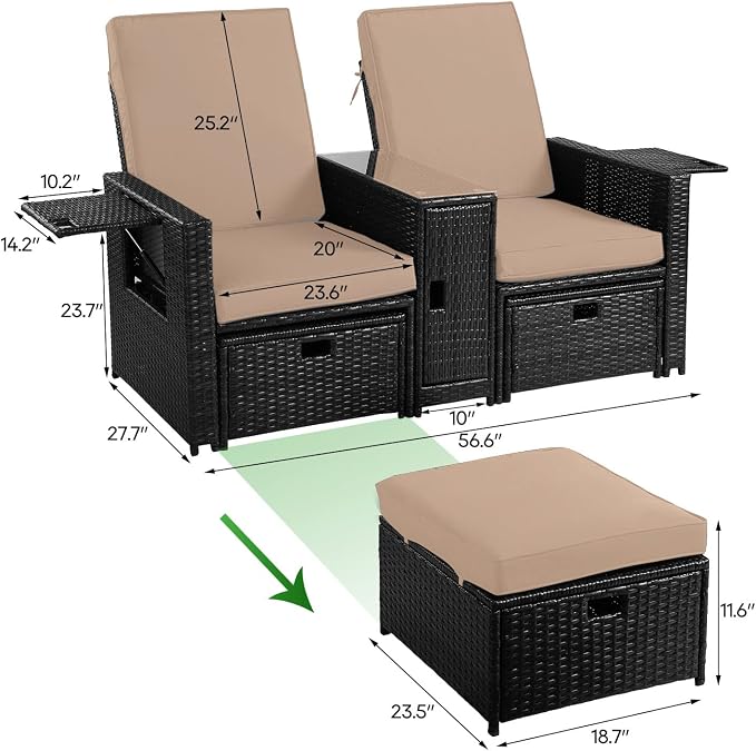 Patio Wicker Loveseat - Outdoor Rattan Sofa Set with Cushion - Adjustable Lounge Chair with Ottoman Footrest, Wicker Furniture for Garden, Patio, Balcony, Beach, Coffee Bar, Deck