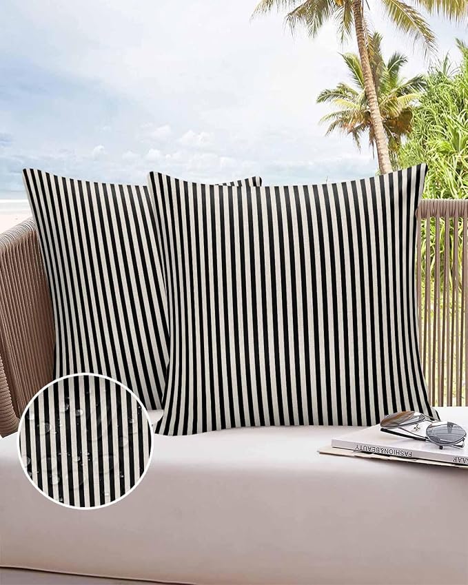 Outdoor Waterproof Throw Pillow Covers Set of 2 Black Stripes Pillowcases 16x16 Inches Linen Classic Vertical Striped Patio Decorative Pillows Cushion Case Patio Pillows for Couch Bed Chair Garden