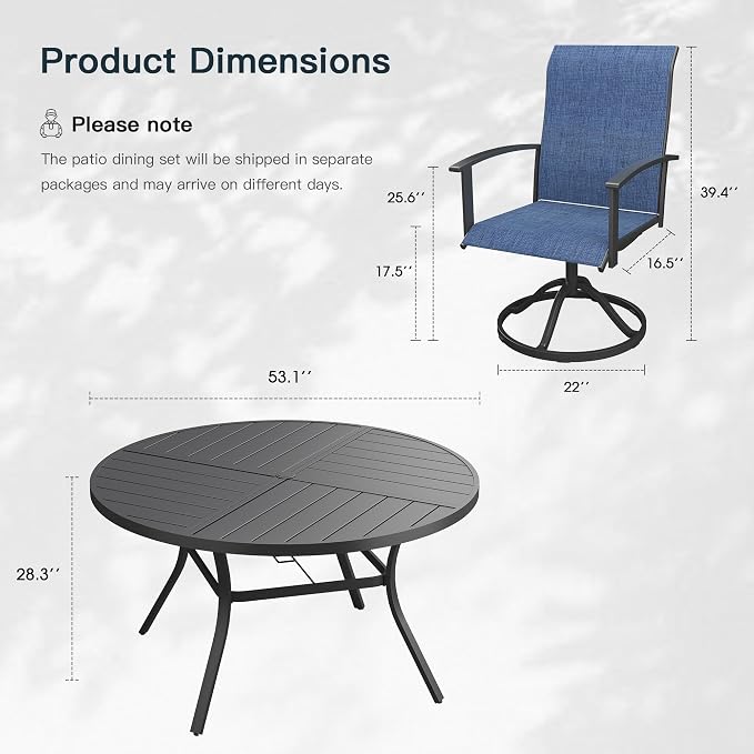 VICLLAX 7 Pieces Patio Outdoor Dining Set, 6 Swivel Textilene Chairs and 53" Round Metal Table with Umbrella Hole for Porch, Deck, Garden, Black/Dark Blue