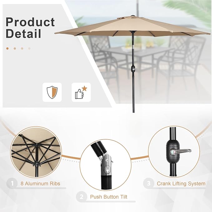 Crownland 7 Piece Furniture Patio Dining Set with Champagne Umbrella, 6 Swivel Metal Chairs and Rectangular Outdoor Dining Table, Outdoor Furniture Dining Set for Lawn, Backyard, Garden(Black)
