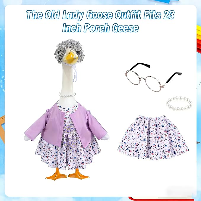 Old Lady Porch Goose Outfits Grandma Goose Clothes Glasses Curly Wig Floral Print Dress Cardign and Pearl Necklace,23'' Geese Statue Outdoor Patio Yard Lawn Decoration (Mixed)