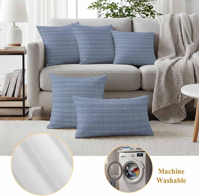 Outdoor Waterproof Throw Pillow Covers Set of 2 Blue Stripes Grain Pillowcases 24x24 Inches Solid Color Decorative Pillows Cushion Case Patio Pillows for Couch Bed Chair Garden