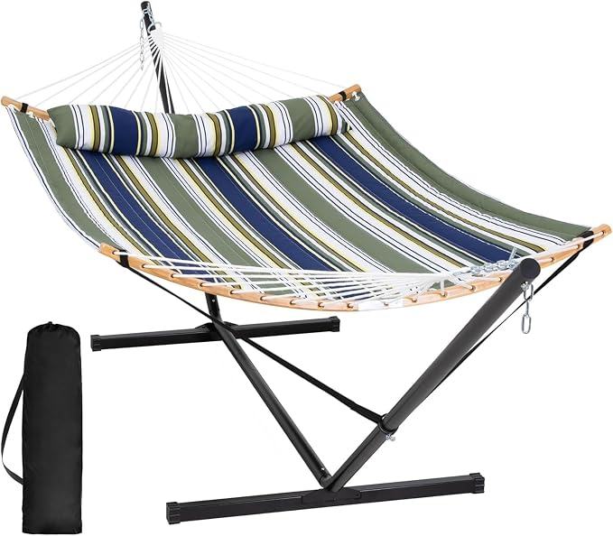 SUNCREAT Hammocks for Outside with Stand Included, Double Hammock with Curved Spreader Bar, Carrying Bag, Dark Green Stripes