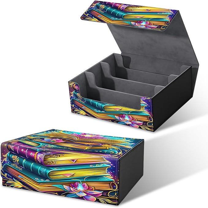Card Deck Box for MTG, Cards Storage Box Fits 120+ Sleeved, Leather Big Size Strong Magnetic Closing Case for Board Games Magic TCG CCG Baseball Collection Women Man, Book Lotus Flower