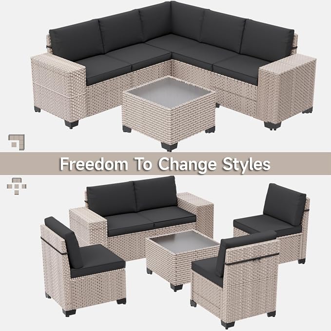 12-Piece Outdoor Patio Furniture Set, Modular Sectional Sofa Set with Glass Coffee Table and Cushions, Wicker Outdoor Couch Conversation Sets, Black