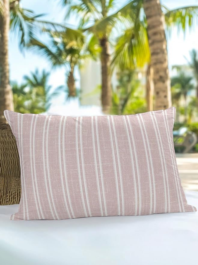 Waterproof Outdoor Pillow 1 Pack Red Linen Striped Decorative Throw Pillows Cover & Insert 20x12 Inch Lumbar Pillowcase Vertical Stripes Lines Pillows for Couch Sofa Bed Patio Furniture Indoor Outdoor