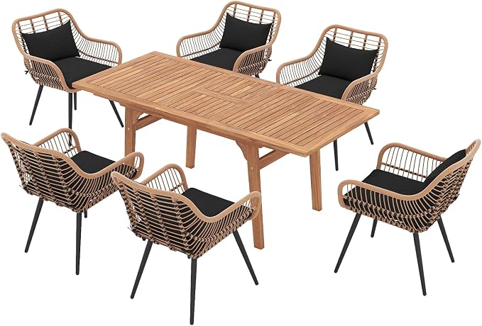 JOIVI Outdoor Dining Set for 6, 7-Piece Patio Table and Chairs Set, Patio Outdoor Furniture Set with Extendable Dining Table for Porch, Deck, Bistro, Backyard, Garden, Black