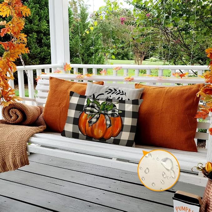 RABUSOFA Outdoor Fall Pillow Covers Waterproof 12x20 Orange Pumpkin Decor | Autumn Harvest Thanksgiving,Buffalo Plaid,Not Insert,Machine Washable,Fall Decorations for Home Sofa Patio Farmhouse
