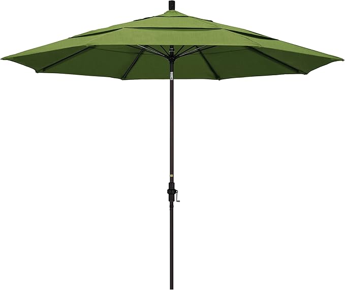 California Umbrella 11' Round Crank Lift, Collar Tilt, Aluminum Pole, Fiberglass Rib Patio Umbrella, Bronze Finish, Sunbrella Cilantro