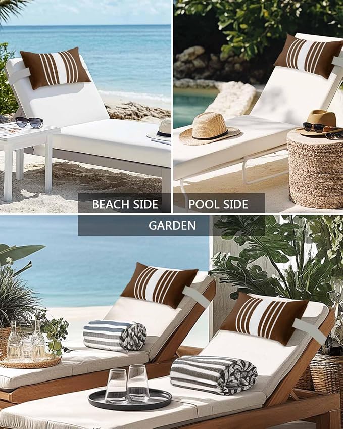 Chaise Lounge Chair Pillow with Strap & Insert Brown Vertical Stripes Outdoor Recliner Head Pillow Pack of 2 Classic Striped Waterproof Headrest Patio Lumbar Pillow for Beach Pool Office Chair 11x16
