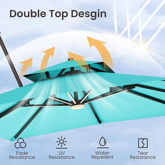 9x12 FT Cantilever Patio Umbrella with Led Lights Double Top Outdoor Rectangular Large Heavy Duty Aluminum Offset Umbrellas with 7 Level Tilt 360-degree Rotation for Pool Garden Deck, Turquoise
