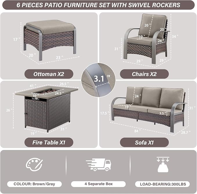 Belord 6 Pieces Patio Furniture Set with Fire Pit Table - 50000 BTU Propane Fire Pit, 2 Single Leisure Chairs, High Back Wicker Rattan Couch, Outdoor Conversation Set for Casual Gathering