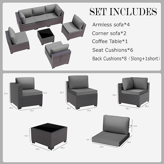 Gotland 7 Pieces Patio Furniture Set with 4’’ Thick Cushions, All-Weather PE Rattan Patio Set with 29.5'' High Backrest, Outdoor Furniture with Coffee Table for Porch Deck Garden Grey