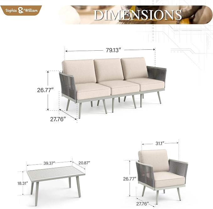 Sophia & William 6-Piece Patio Furniture Set, Outdoor Sectional Furniture with Classic Rope PE Rattan and Coffee Table, All-Weather Conversation Set with Anti-Rust Frame and Olefin Cushions
