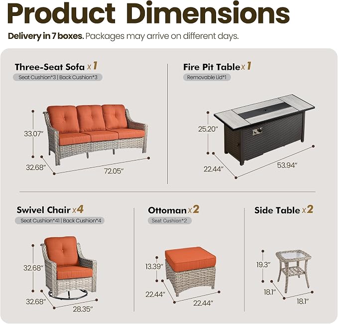 10 Piece Patio Furniture Set with Fire Pit Table, Outdoor Wicker High Back Sofa and Swivel Rocker Chairs Set of 4 with Ottoman, Large Conversation Sets for Backyard Deck Garden, Bold Orange