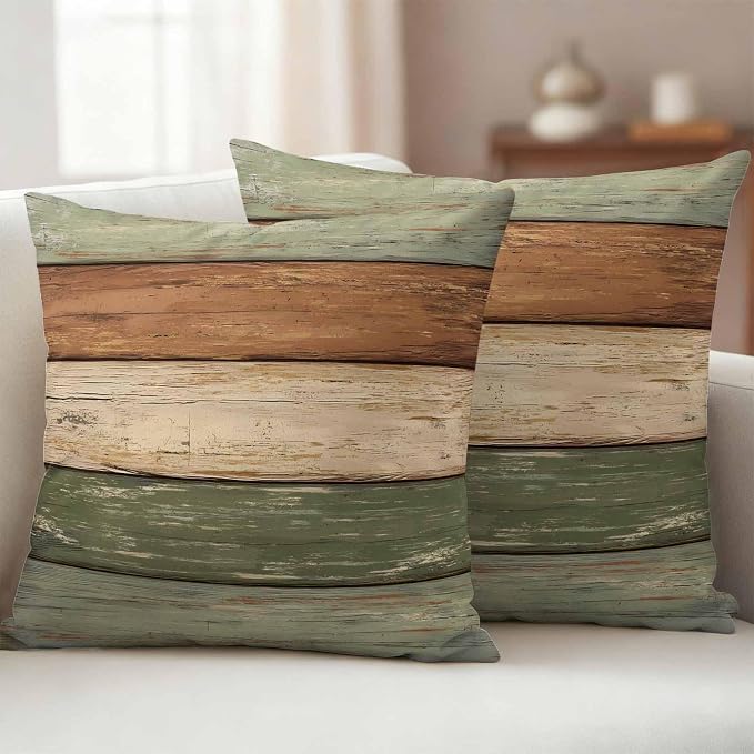 Farmhouse Sage Green Brown Outdoor Waterproof Pillow Covers, Vintage Wooden Striped Decorative Square Throw Pillowcase Sofa Cushion Sham for Patio/Couch/Chair, 18"x18" 2 Pack