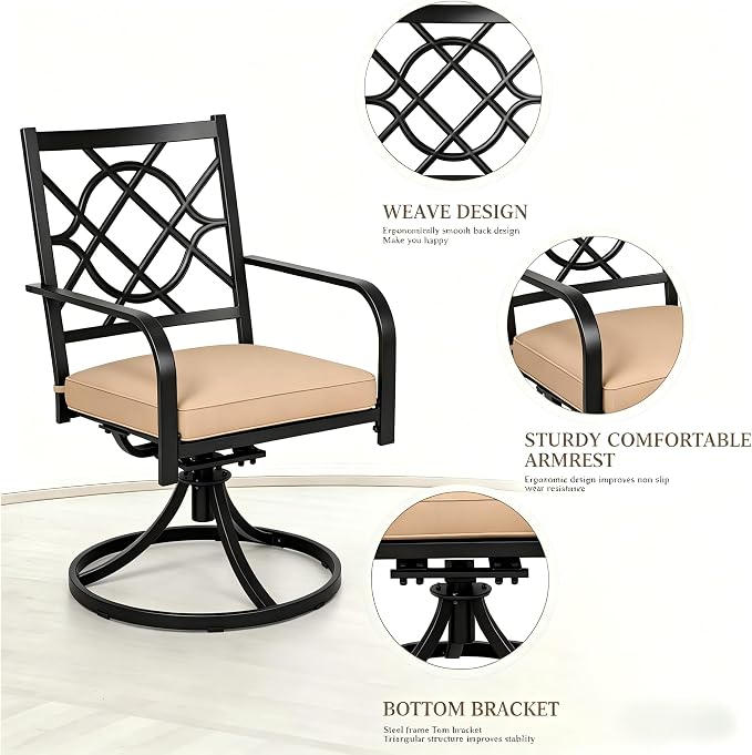 Oakcloud Outdoor Metal Swivel Dining Chairs, Strong Capacity Patio Chairs Set of 2, Patio Dining Chair Patio Furniture with Cushion for Garden, Backyard, Bistro, Black