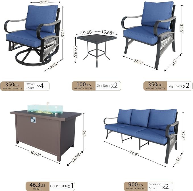 11 Pieces Modern Patio Furniture Set, All Weather Metal Outdoor Conversation Sets with Fire Pit Table for Backyard Garden Deck Porch Poolside, Blue