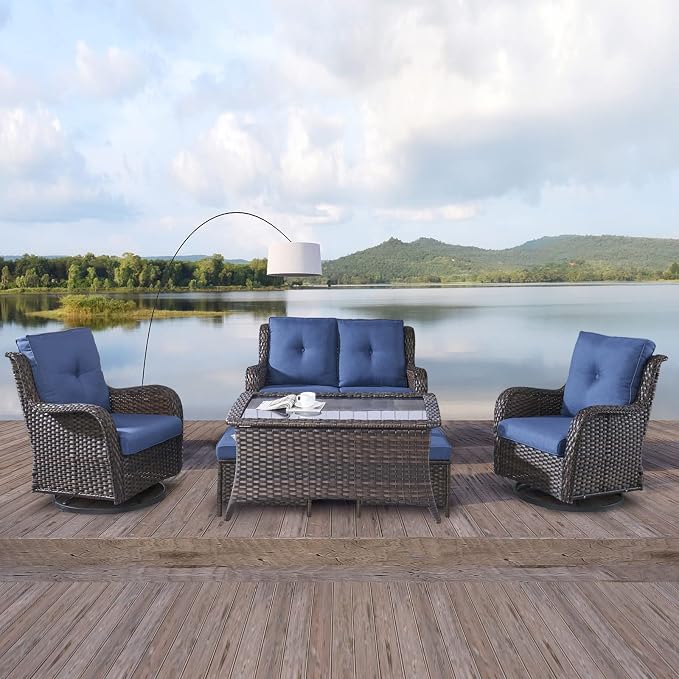 Rilyson Wicker Patio Furniture Set - 6 Piece Rattan Outdoor Sectional Conversation Sets with 2 Swivel Rocking Chairs,2 Ottomans,1 Loveseat and 1 Coffee Table for Porch Deck Garden(Brown/Blue)