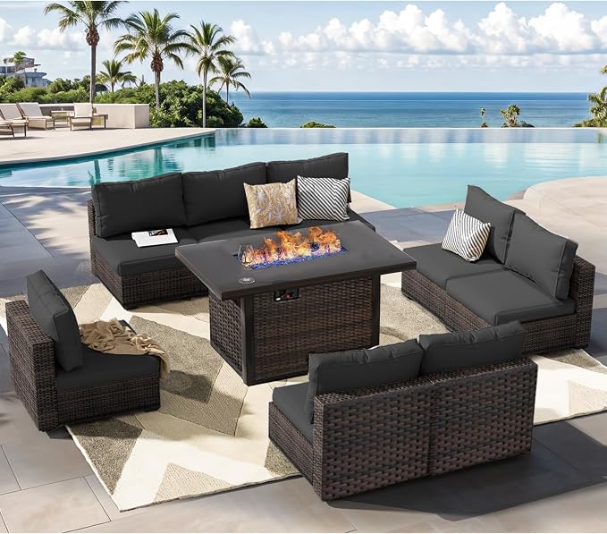 Patio Furniture Set Fire Pit Table 9 Piece All Weather PE Rattan Outdoor Sectional Sofa Couch with 8 x armless Sofa, No-Slip Cushions for Garden, Poolside, Backyard (Black)