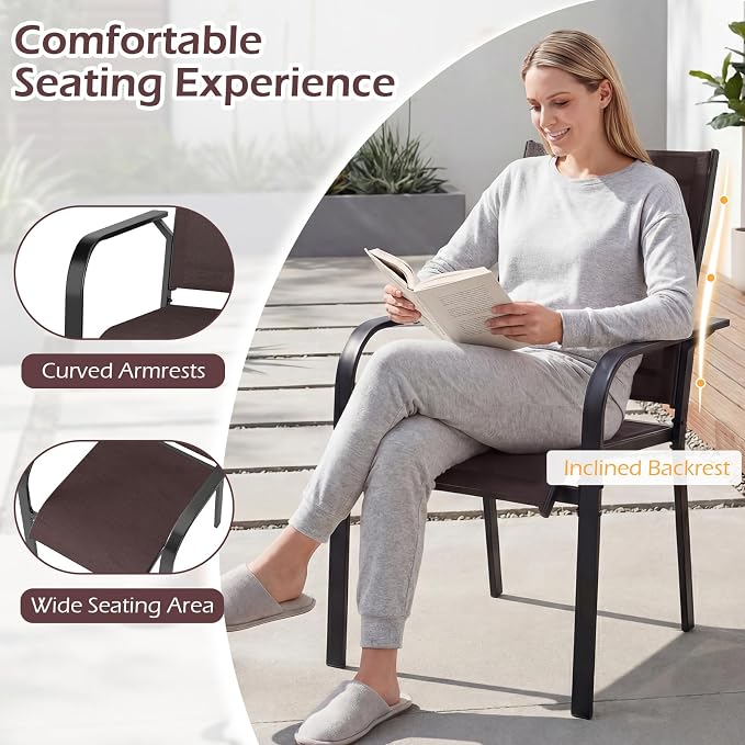 Tangkula 7 Pieces Patio Dining Set for 6, 63” x 33” Outdoor Rectangle Metal Table with Umbrella Hole & 6 Stackable Breathable Mesh Armchairs, Outside Furniture Set for Backyard, Garden & Porch (Brown)