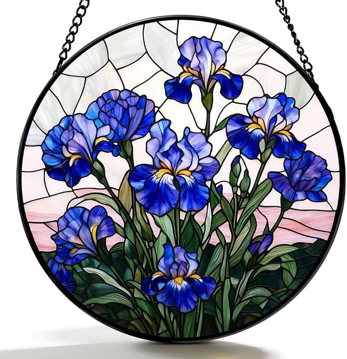 Stained Glass Window Hanging - Blue Iris Painting 7.8 Inches Suncatcher for Garden Home Decor for Women Mon Grandma Friends