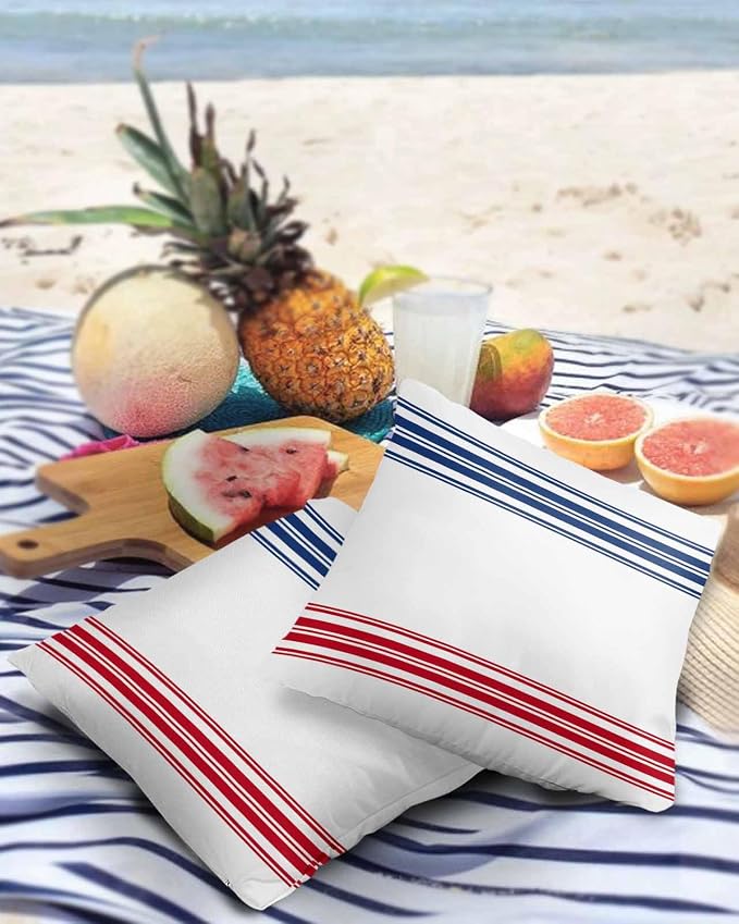 Prime Leader Outdoor Waterproof Pillow Covers Set of 2, Independence Day Flag Day Blue Red Stripe Patio Throw Pillow Covers, Decorative Cushion Case for Couch Sofa Furniture Garden, 16x16 Inch