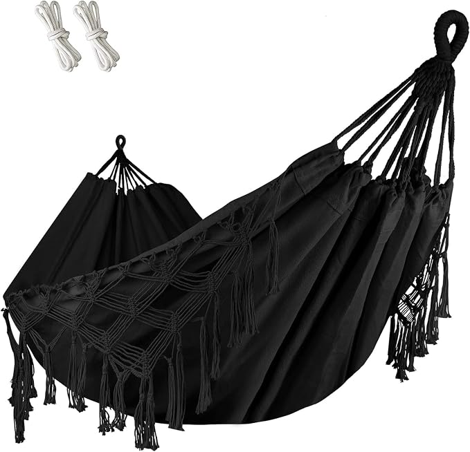 Goutime Double Hammock, Macrame Boho Cotton Hammock with Hanging Ropes, Portable for Camping Patio Backyard Indoor Outdoor,485LBS Capacity (Black)