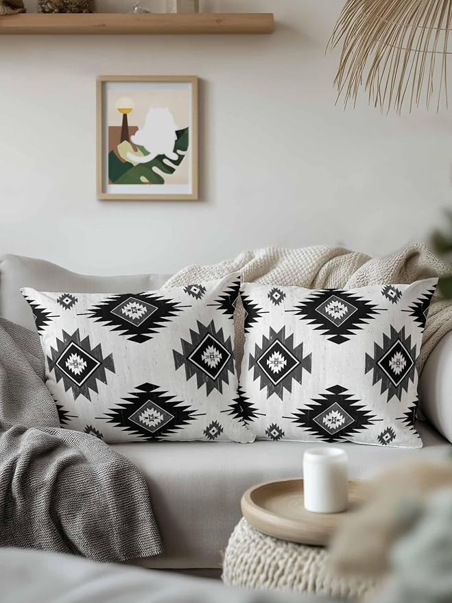 Waterproof Outdoor Pillow 1 Pack Gray Boho Aztec Decorative Throw Pillows Cover & Insert 16x16 Inch Pillowcase Southwest Tribal Style Square Pillows for Couch Sofa Bed Patio Furniture Indoor Outdoor