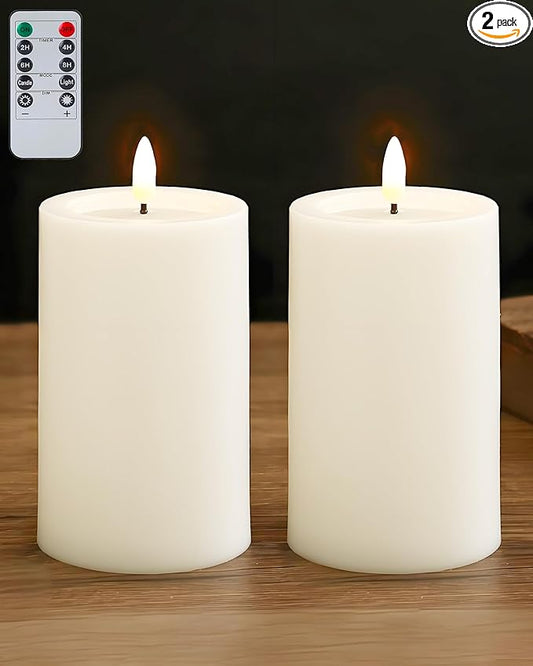 Gmnee 3"x6" Outdoor Waterproof Flameless Candles with Remote and Timers, LED Candles, Battery Operated Candles, Electric Fake Pillar Candles for Patio, Porch, and Lanterns Decor (White, Plastic)