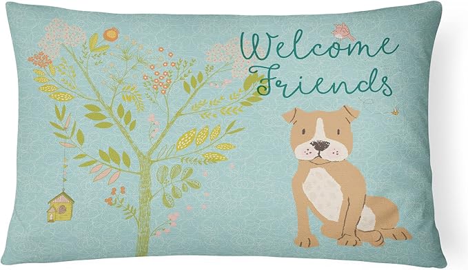 Caroline's Treasures BB7624PW1216 Welcome Friends Brown Staffie Canvas Fabric Decorative Pillow Machine Washable, Indoor Outdoor Decorative Pillow for Couch, Bed or Patio, 12HX16W
