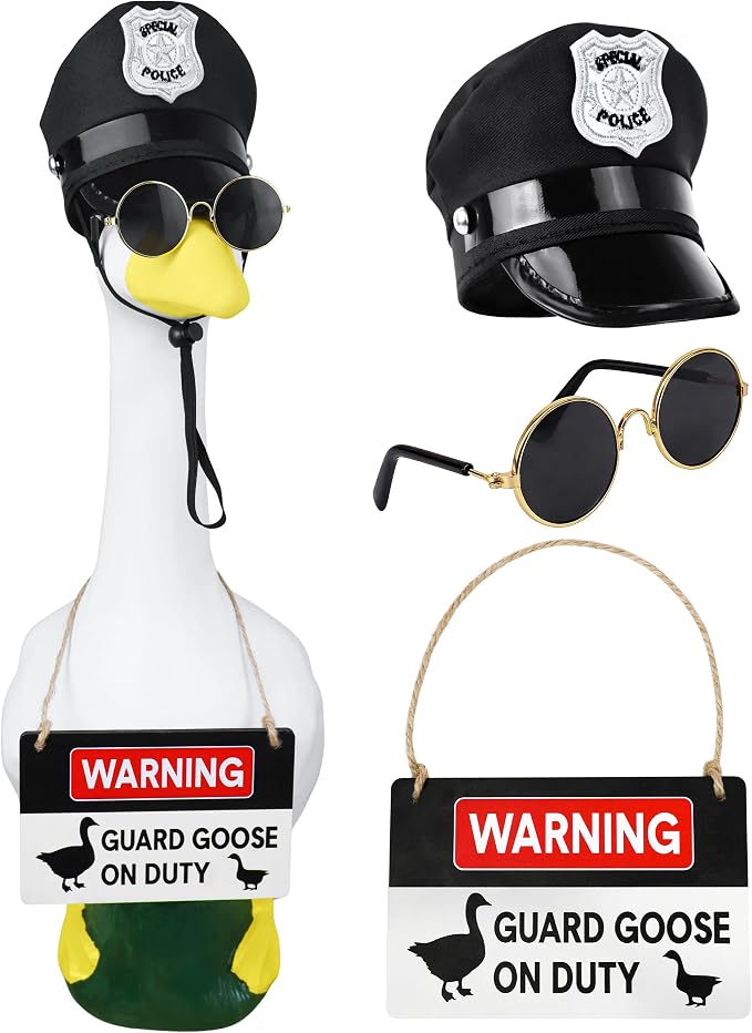 Horolam Porch Goose Outfits, 17"/23" Yard Guard Goose Outfit with Porch Goose Sign Goose Police Hat Eyeglasses Wooden Gooses Warning Sign Danger for Patio Lawn Garden Decoration
