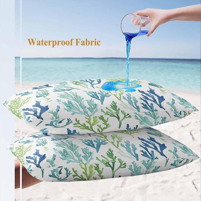 Ocean Teal Outdoor Waterproof Throw Pillow Covers Set of 2, 20"x12", Blue Green Coral Underwater Garden Coastal Decorative Pillow Covers Outside Cushion Case for Patio Porch Garden