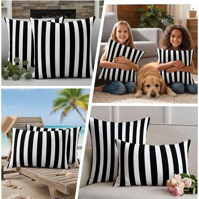 Outdoor Pillow Covers,Black White Geometric Stripe Decorative Throw Pillow Cover Waterproof Pillowcase Set of 2,Linen Cushion Case for Sofa Couch Bed 20x12 Inch,Modern Minimalist Line